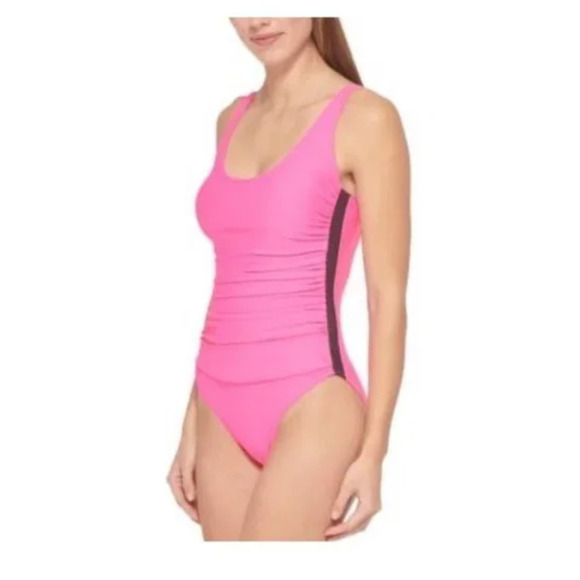 DKNY NEON PINK Ruched Mesh-Contrast One-Piece Swimsuit 4 NWT $98 - Picture 5 of 5